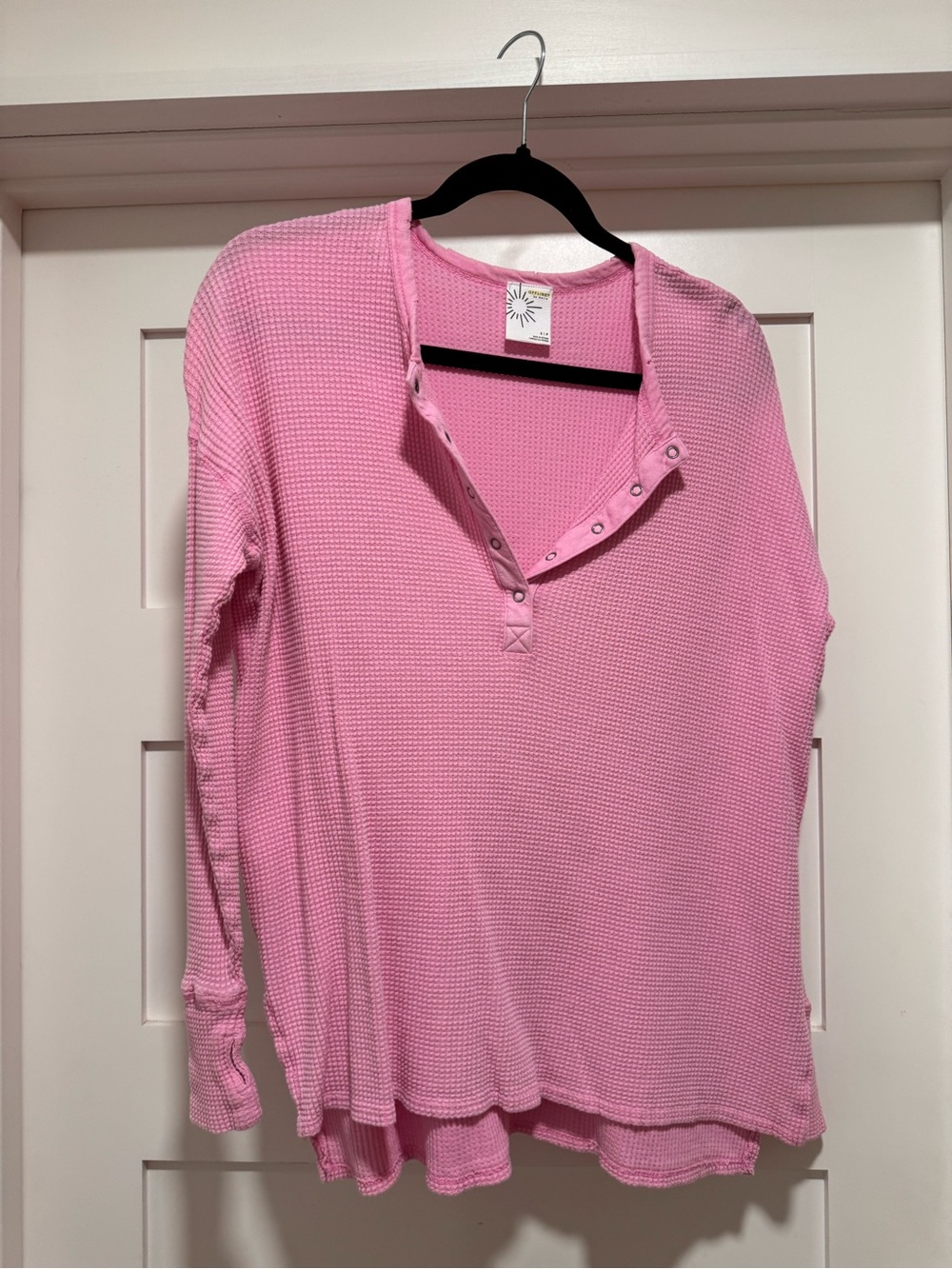 American Eagle Waffle-Knit Henley Long Sleeve Top — Pink